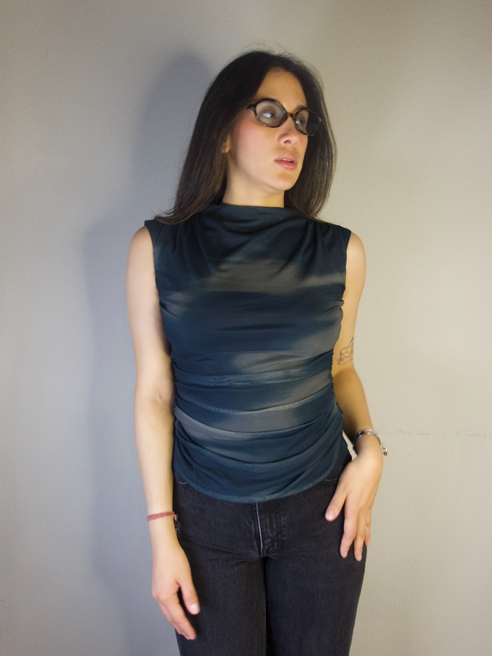 The Commons Sleeveless Ruched Print Mesh Knit Top Size S